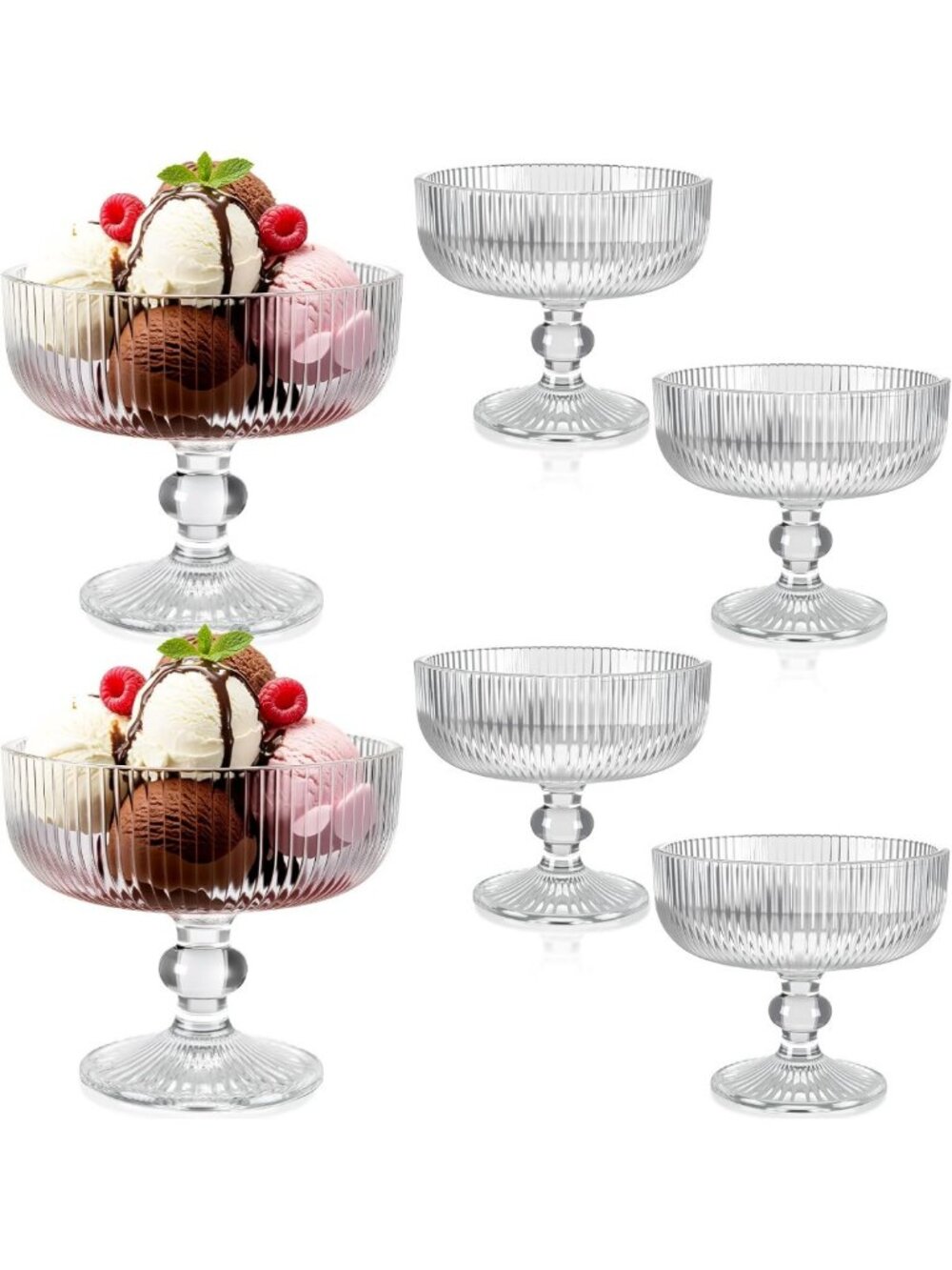 Vintage Glass Dessert Bowls Set - 6 Pcs Embossed Ice Cream Cups for Parties